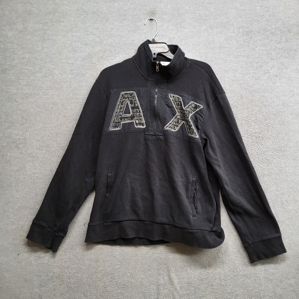 VINTAGE Armani Exhange Women Sweatshirt Large Black Logo 1/4 Zip Elbow Patched